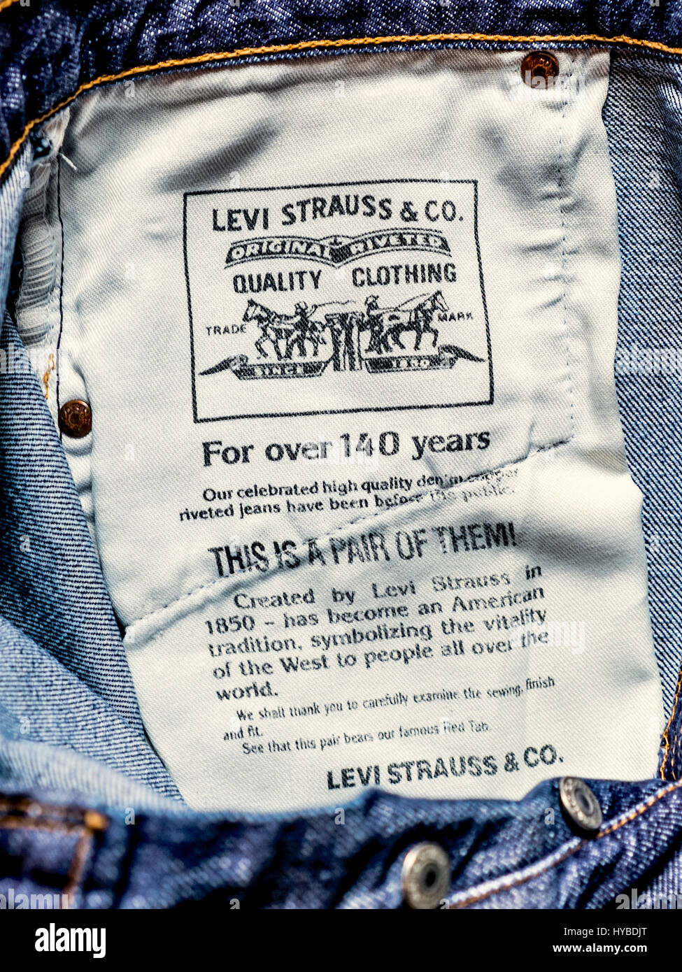 Label inside traditional Levi Strauss American jeans Stock Photo - Alamy