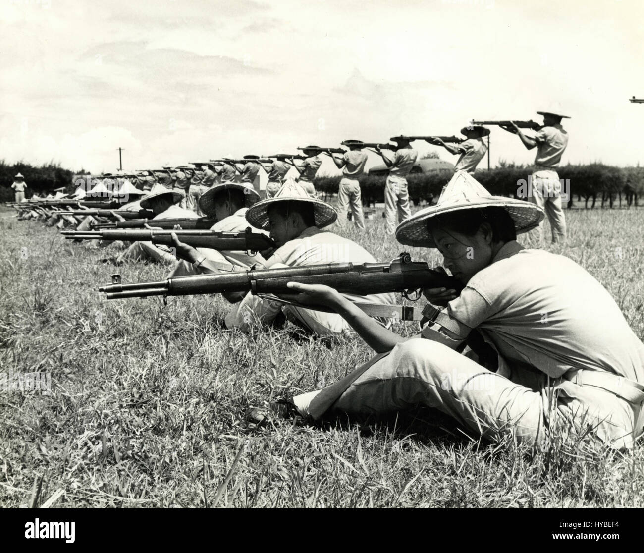 Women soldiers with traditional hat training, Taiwan, China Stock Photo