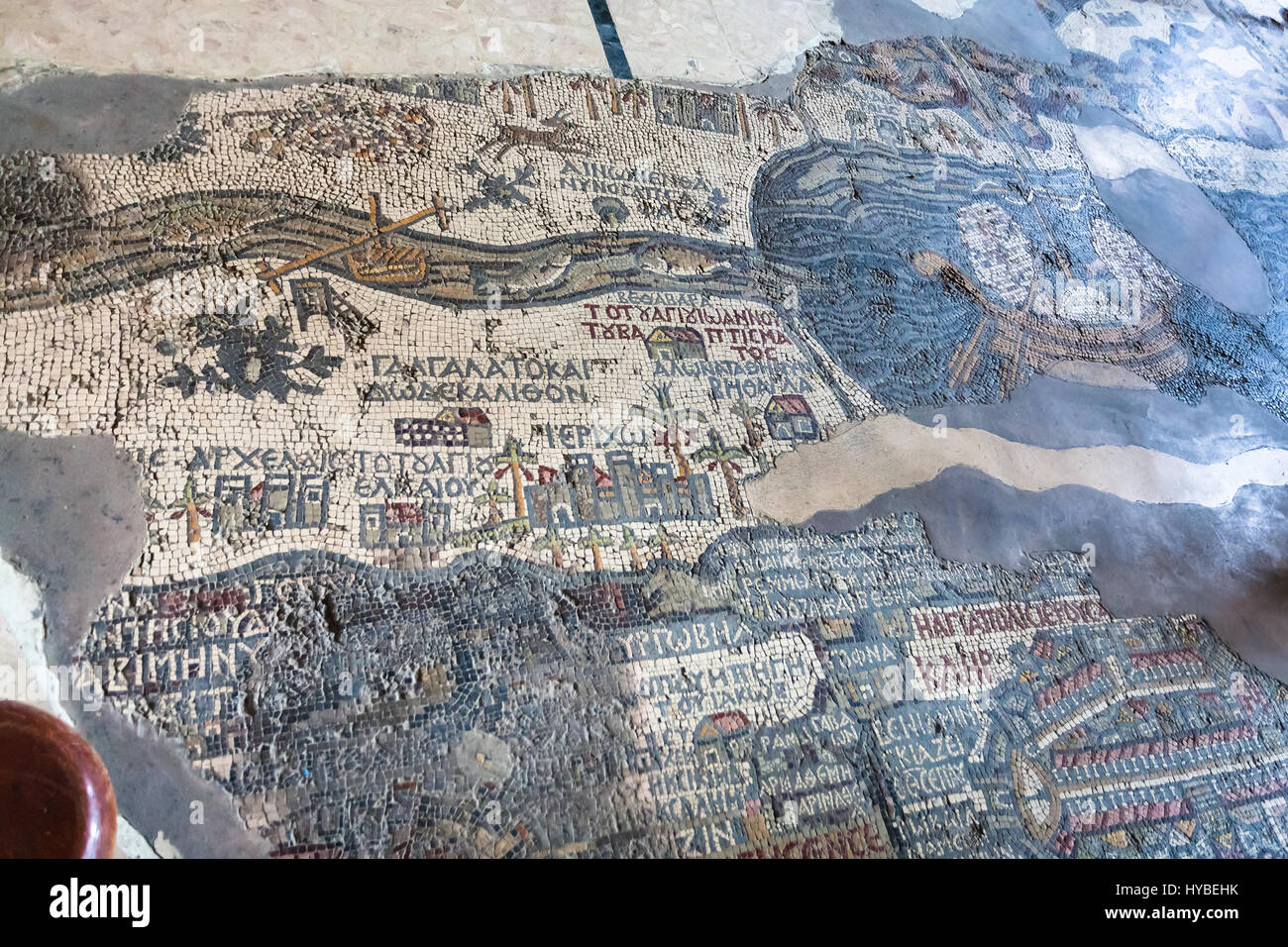 MADABA, JORDAN - FEBRUARY,20, 2012: floor of Greek Orthodox St George Basilica in Madaba town with early Byzantine mosaic map of the Holy Land. The ma Stock Photo