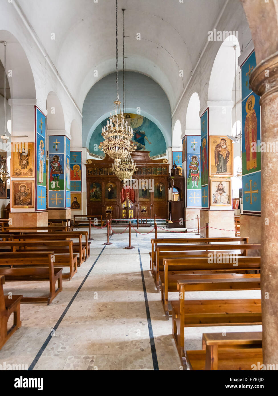 MADABA, JORDAN - FEBRUARY,20, 2012: indoor of Greek Orthodox Basilica of St George. Madaba city is known by its Byzantine and Umayyad mosaics, especia Stock Photo