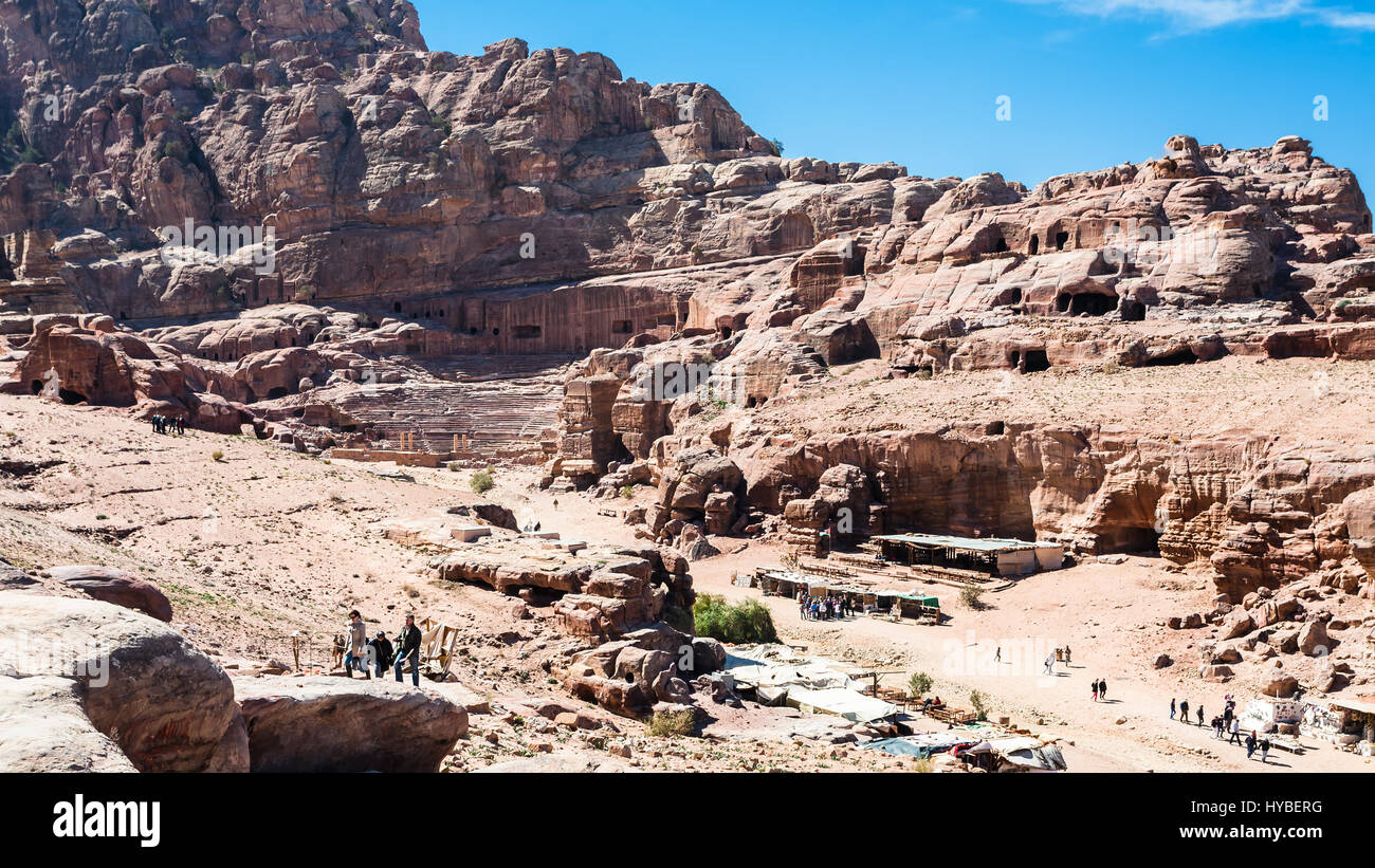PETRA, JORDAN - FEBRUARY 21, 2012: above view of tourist and bedouin market in ancient Petra town. Rock-cut town Petra was established about 312 BC as Stock Photo
