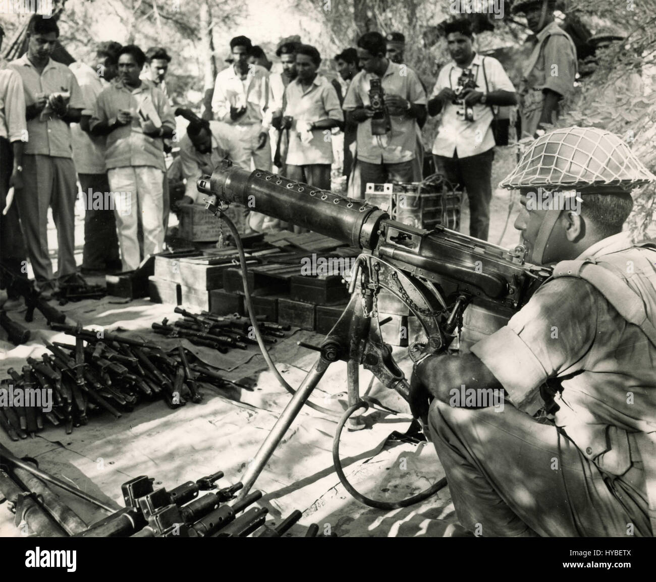 Pakistani and foreign journalists are shown Indian Forces armament captured, Pakistan Stock Photo