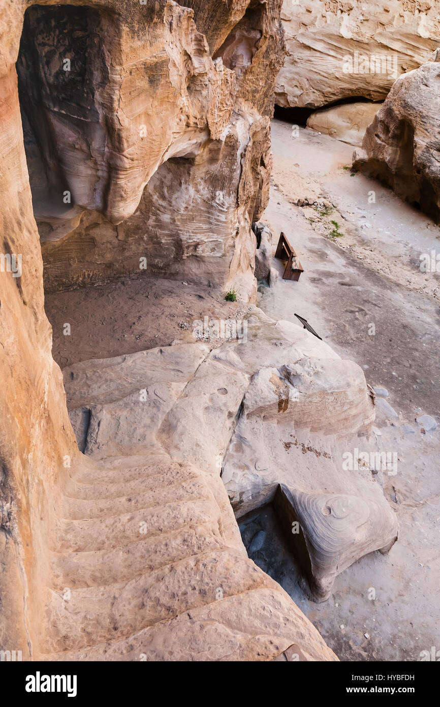 Travel to Middle East country Kingdom of Jordan - ancient cave houses in Little Petra town (Siq al-Barid station) in winter Stock Photo