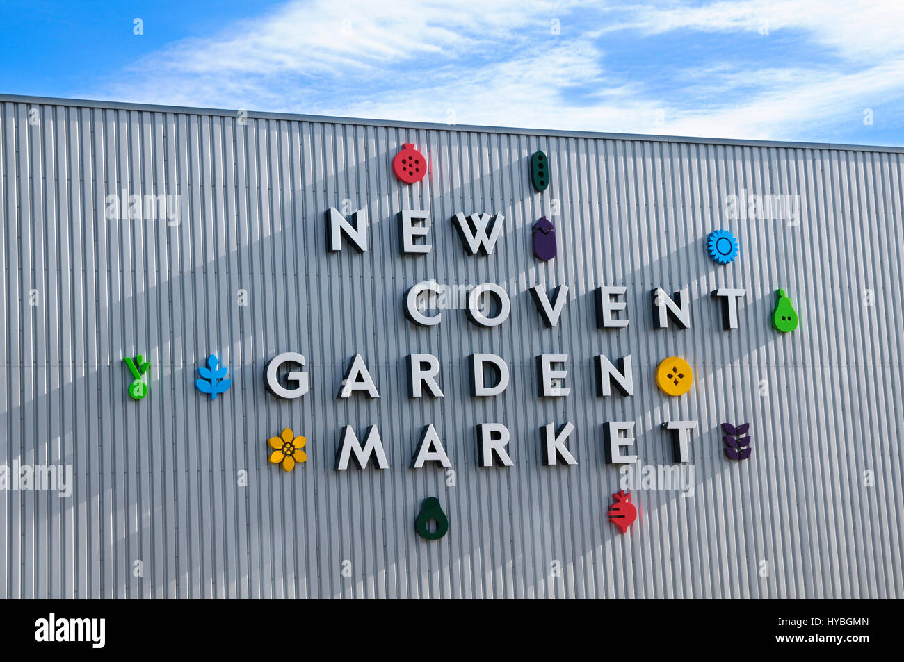 New Covent Garden Market (opened 2017). Logo on the flower market at