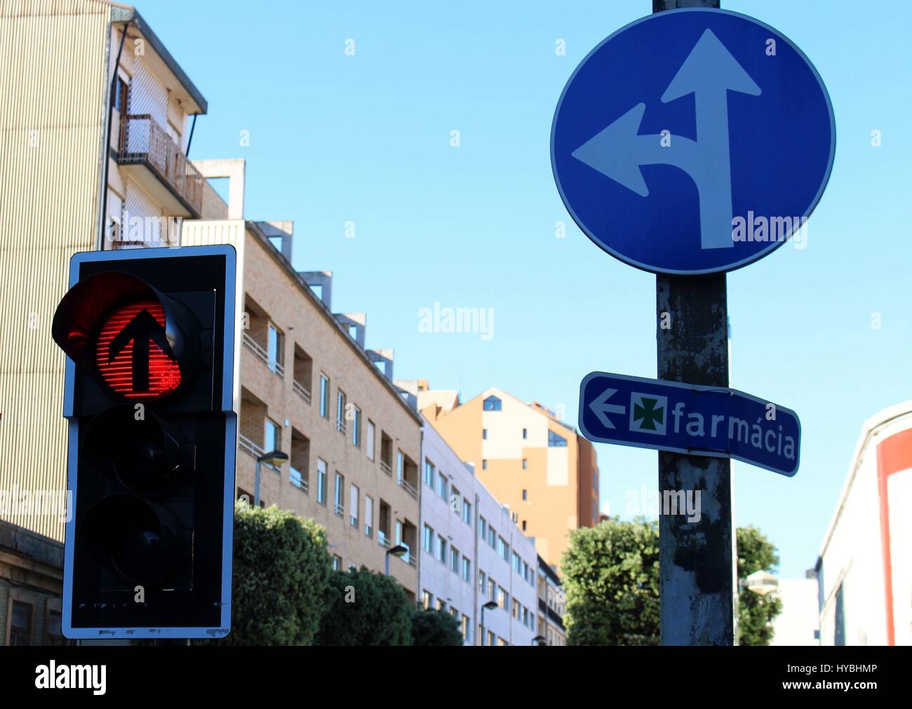 Different road signs at Brito Capelo street in the centre of Matosinhos city, Porto, Portugal. Stock Photo