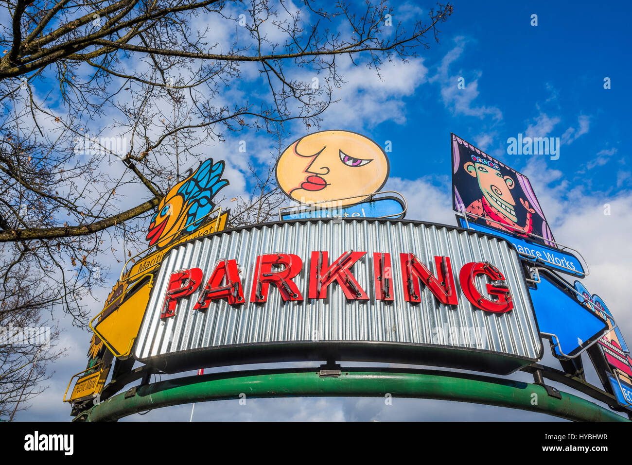 Parking sign and directional signs at Granville Island, Vancouver