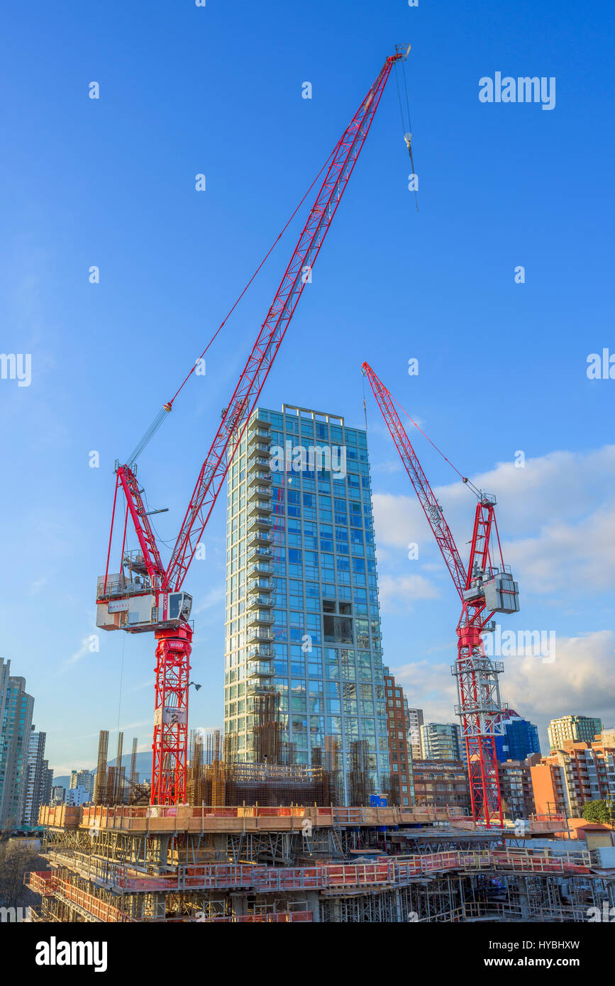 Construction cranes, Vancouver, British Columbia, Canada Stock Photo