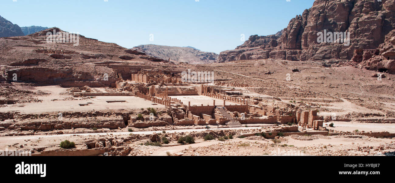Jordanian landscape and the Great Temple, whose construction began in the last quarter of the first century before Christ, in the lost city of Petra Stock Photo