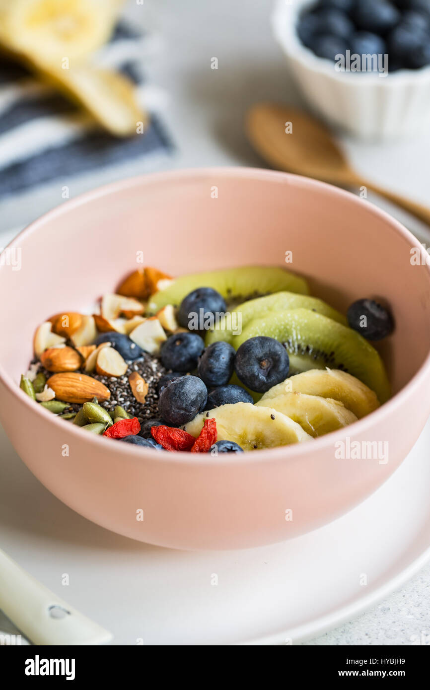 Blueberries,Kiwi,Almond,Goji berries and  Chia seed on Greek yogurt Stock Photo