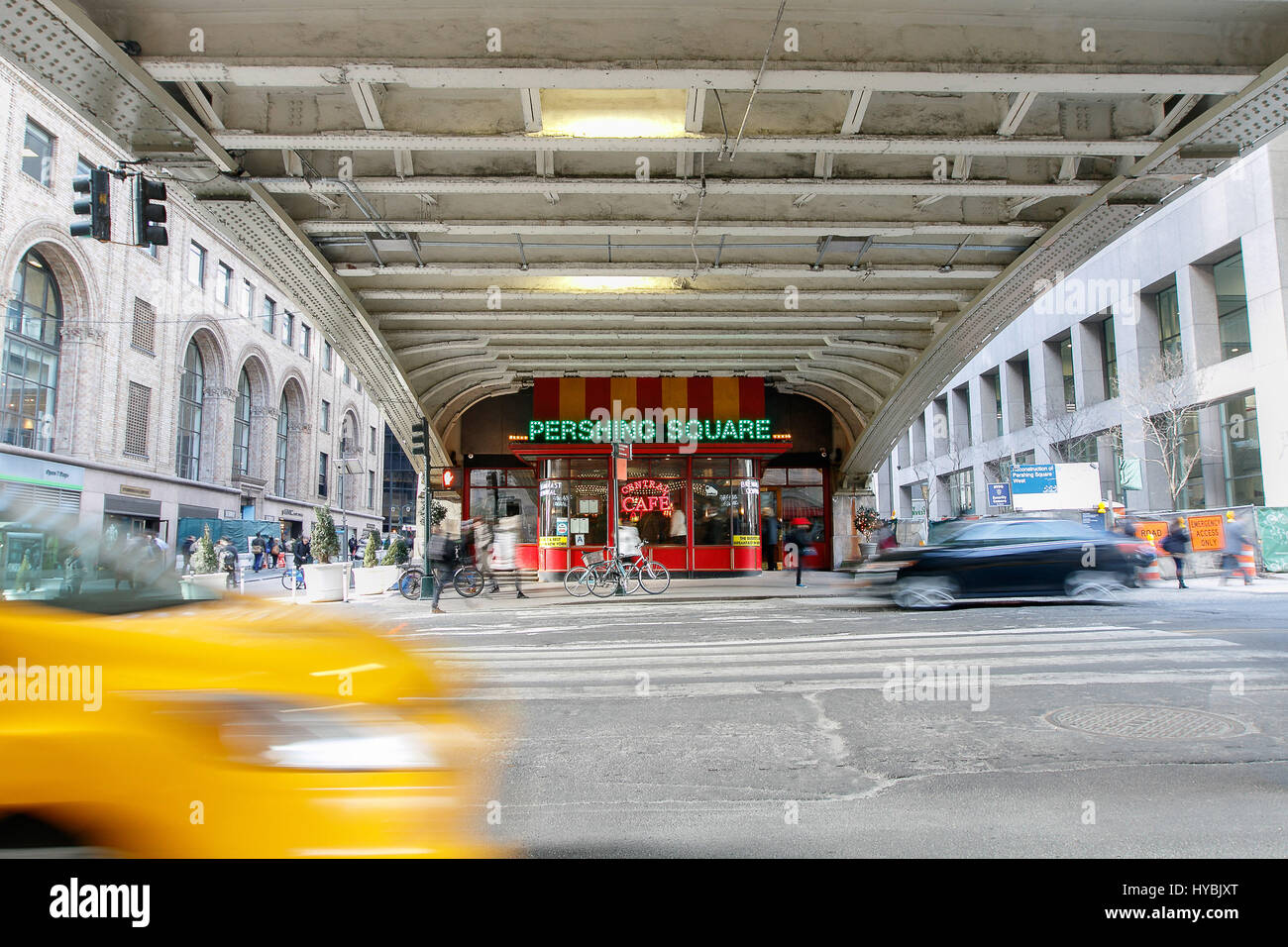 Blurred view of taxis moving along the 42nd street at Pershing Square. Stock Photo