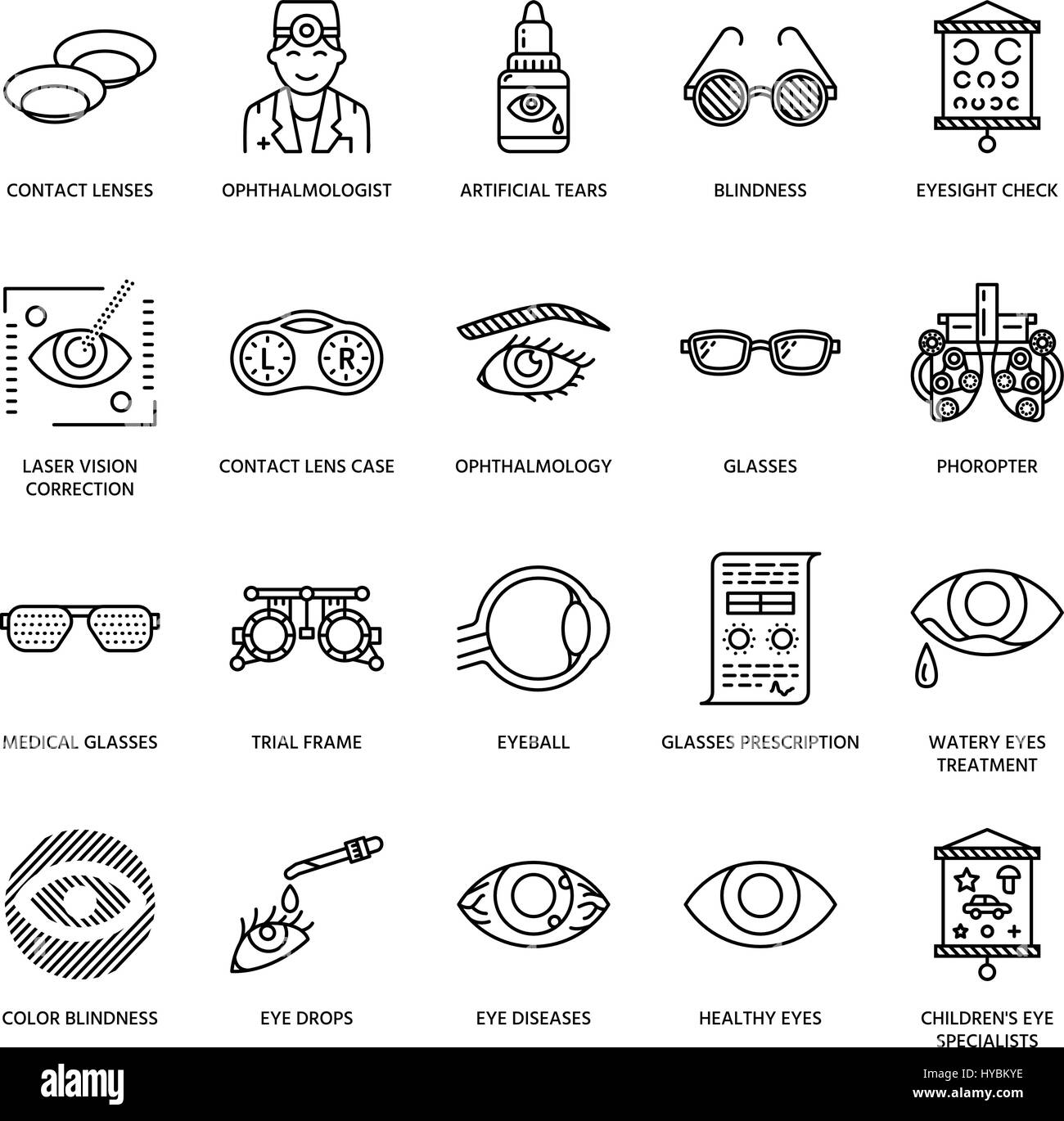 Ophthalmology, eyes health care line icons. Optometry equipment, contact lenses, glasses