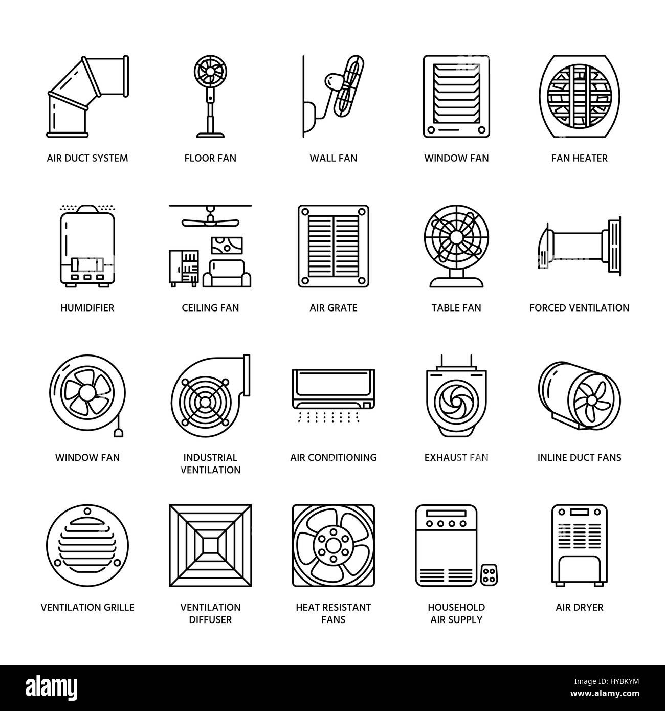 Ventilation equipment line icons. Air conditioning, cooling appliances, exhaust fan. Household and industrial ventilator thin linear signs for store. Stock Vector