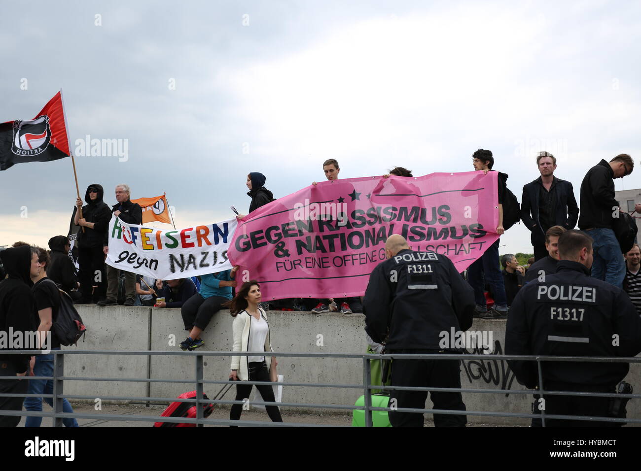 Belrin, Gemany, May 9th, 2015: Antifa protest against Pegida. Stock Photo