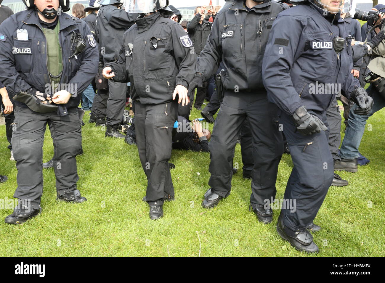 Berlin, Gemany, May 9th, 2015: Antifa protest against Pegida. Stock Photo