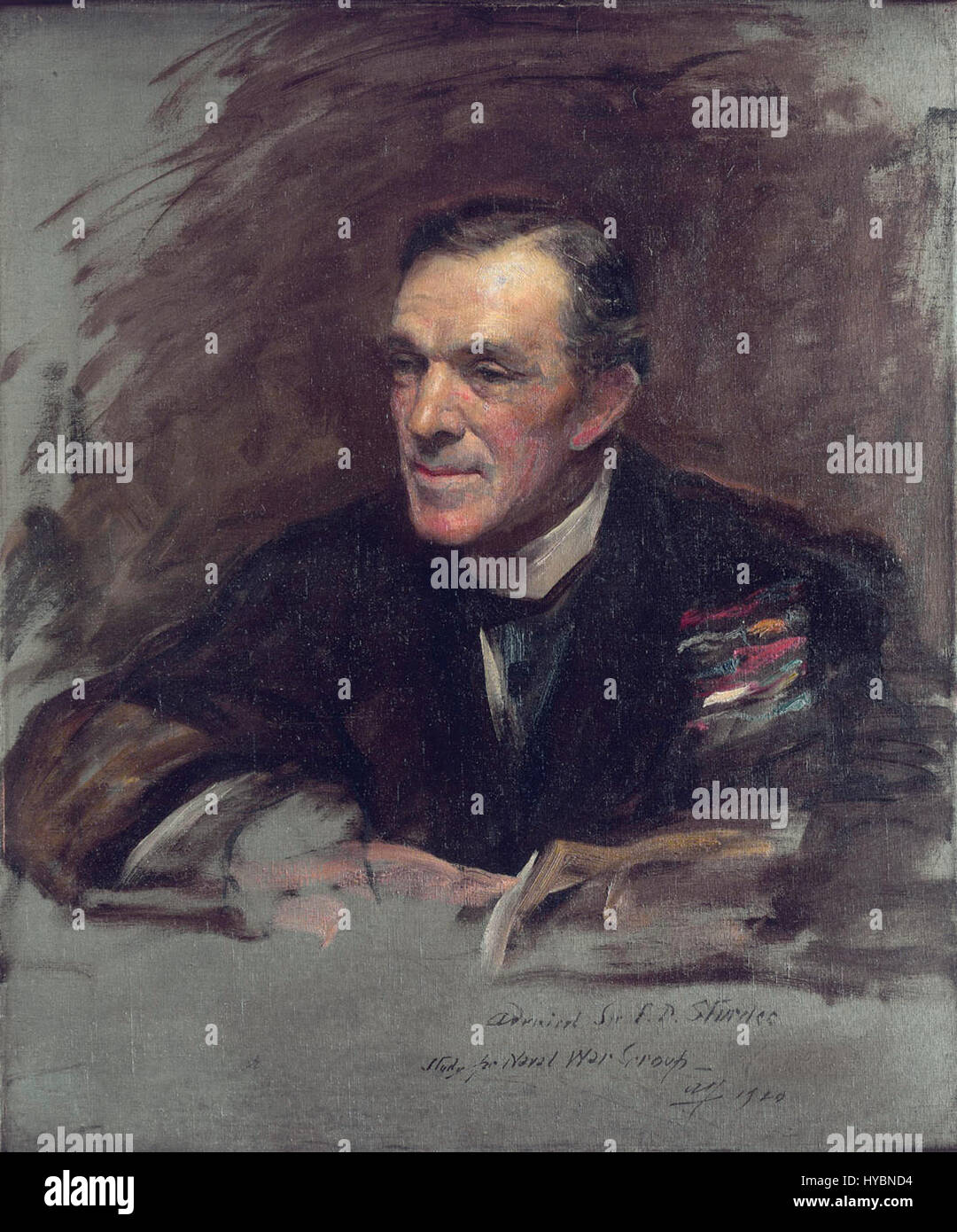 This portrait of Admiral Frederick Doveton Sturdee, painted by Arthur Stockdale Cope, captures the naval officer known for his role in the Battle of the Falkland Islands during World War I. The painting reflects the high esteem of Sturdee's military career. Stock Photo
