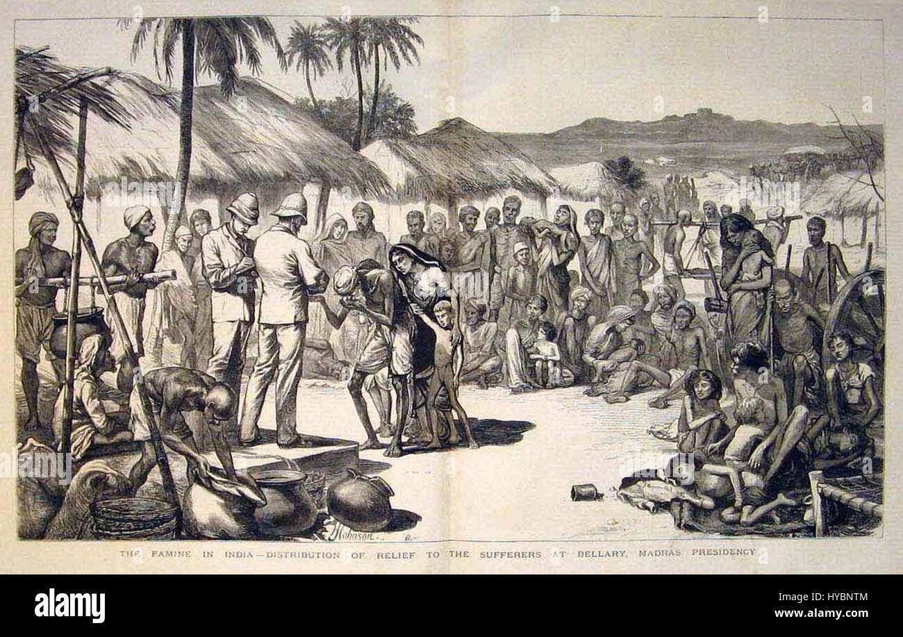 The Madras famine of 1877 was a catastrophic event in British India caused by severe drought and colonial policies. It resulted in widespread starvation, high mortality rates, and long-term economic consequences. Stock Photo