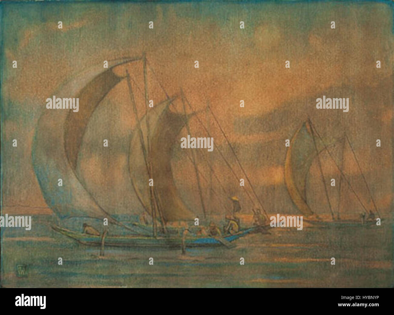 This watercolor and pastel work by Charles Bartlett, created between 1923 and 1926, depicts two catamarans in a tranquil coastal scene. The work emphasizes the calm beauty of the sea and the simplicity of boat life. Stock Photo