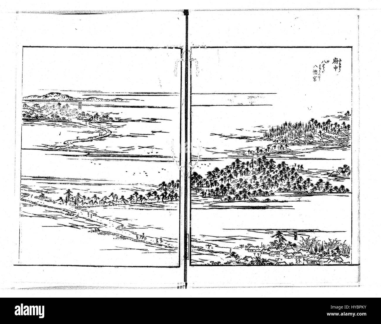 A historic illustration of Fuchu Hachimangu, a Shinto shrine in Tokyo, Japan, notable for its cultural and religious significance in the Edo period. The illustration highlights the shrine's architecture and surrounding environment. Stock Photo