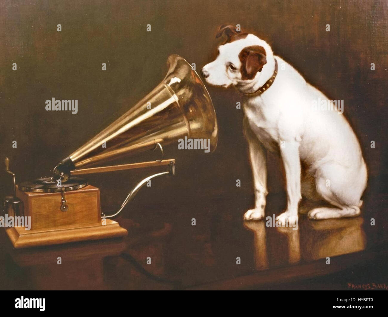 'His Master's Voice' is an iconic image originally used in a 19th-century advertising campaign by the Victor Talking Machine Company, depicting a dog named Nipper listening to a gramophone. This image has since become a symbol of early sound recording technology. Stock Photo