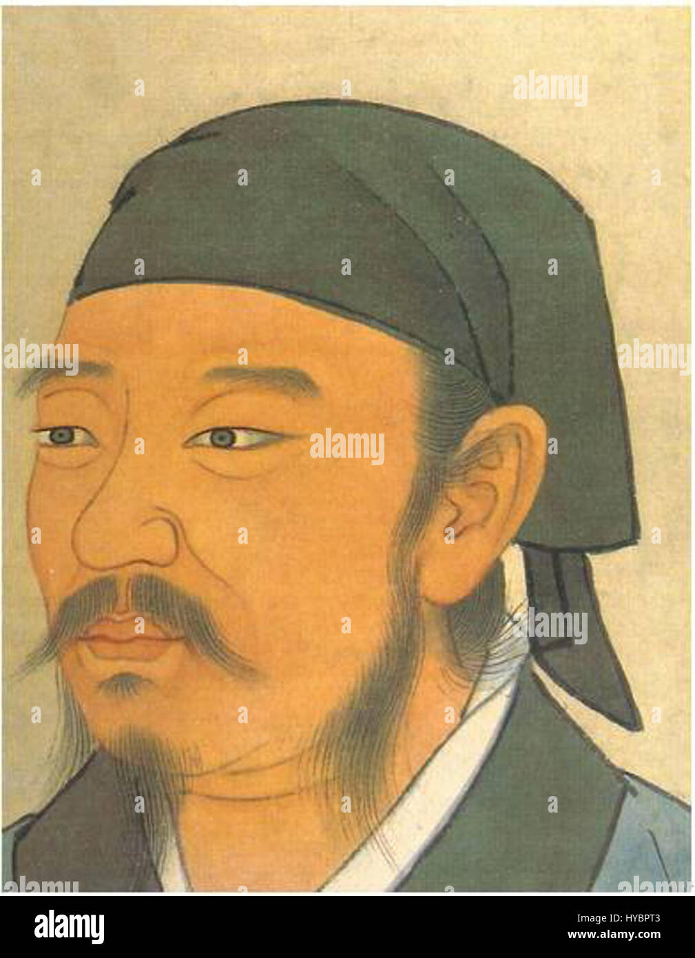 The portrait of Xun Zi, a renowned Confucian philosopher from the Warring States period, captures his intellectual prominence. His philosophy emphasized the inherent nature of humanity and the importance of education. Stock Photo