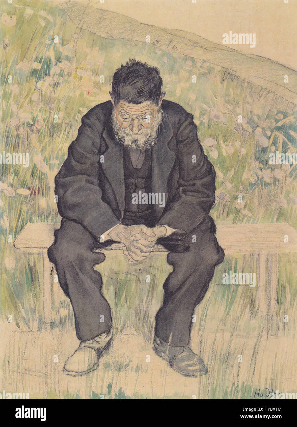 'Arbeitslos' by Ferdinand Hodler, created in 1891, poignantly captures the theme of unemployment and its social effects. The painting reflects the struggles of the working class during a period of economic hardship in late 19th-century Europe. Stock Photo