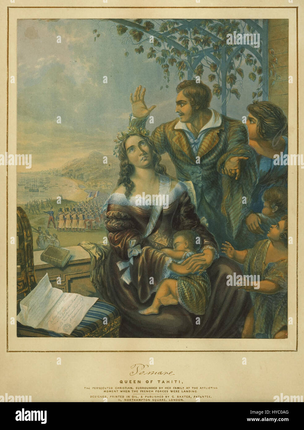 This image by George Baxter from 1845 depicts Queen Pomare IV of Tahiti, a Christian monarch who faced persecution during the 19th century. The artwork reflects her role in Tahitian history and her struggles with colonial powers. Stock Photo