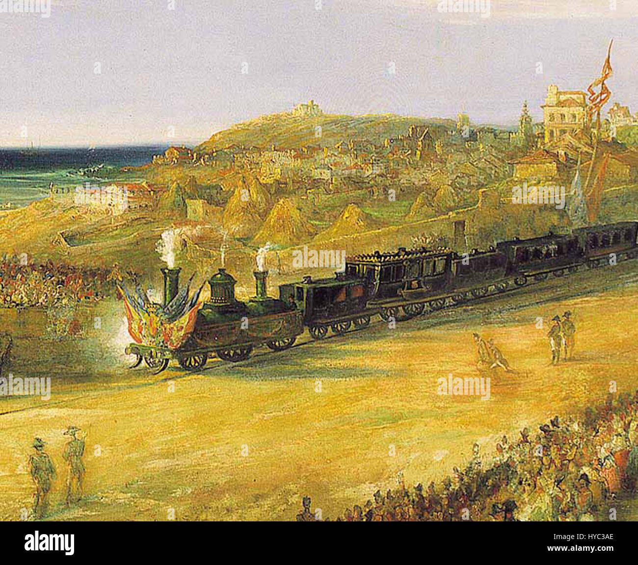 The 'Ferrocarril a Langreo' is a historic Spanish railway line that connects Langreo with the rest of Asturias. It played a key role in the industrial development of the region during the 19th and early 20th centuries. Stock Photo
