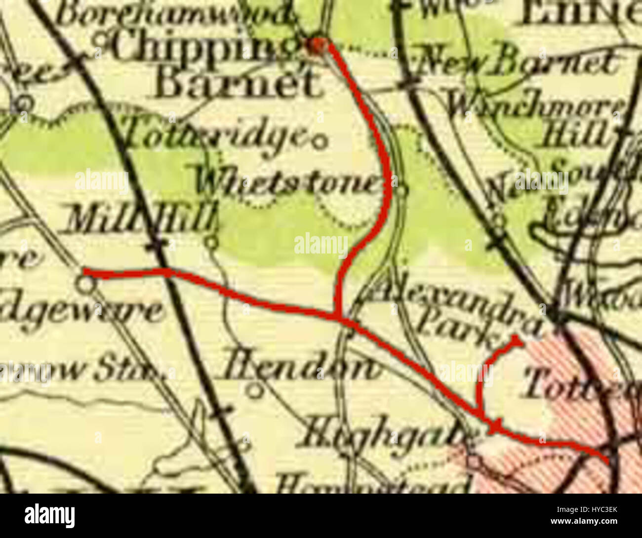 This map extract from 1900 illustrates the layout of the Edgware, Highgate, and London Railway, showcasing the railway lines and the urban areas they connect. The map highlights key transport routes in London during the early 20th century. Stock Photo