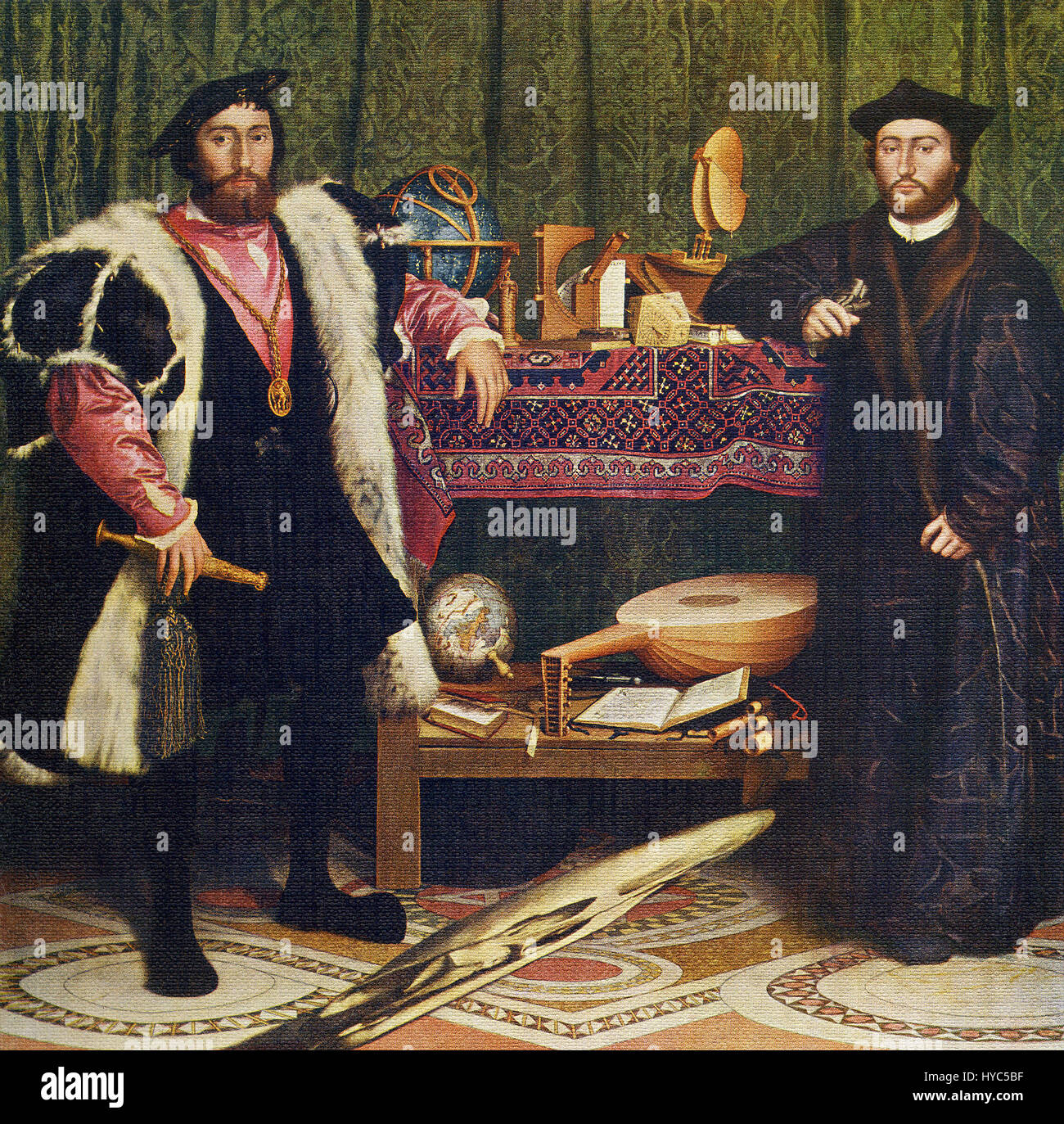 Hans Holbein the Younger (1497-1543) was an outstanding artist of German Renaissance. He spent early half of life in Basel, where he was friends with Erasmus, whose Praise of Folly he illustrated and of whom he painted many portraits. He became painter to Henry VIII in 1535. Among his best paintings are George Gisze, Portrait of a Man, Jane Seymour, Anne of Cleves, Erasmus, Sir Richard Southwell, and Sir Henry Wyatt. This painting, titled The Ambassadors, is believed to represent Jean de Dinteville and George de Selve—the French Ambassador to Henry VIII's court and a great scholar who also ser Stock Photo