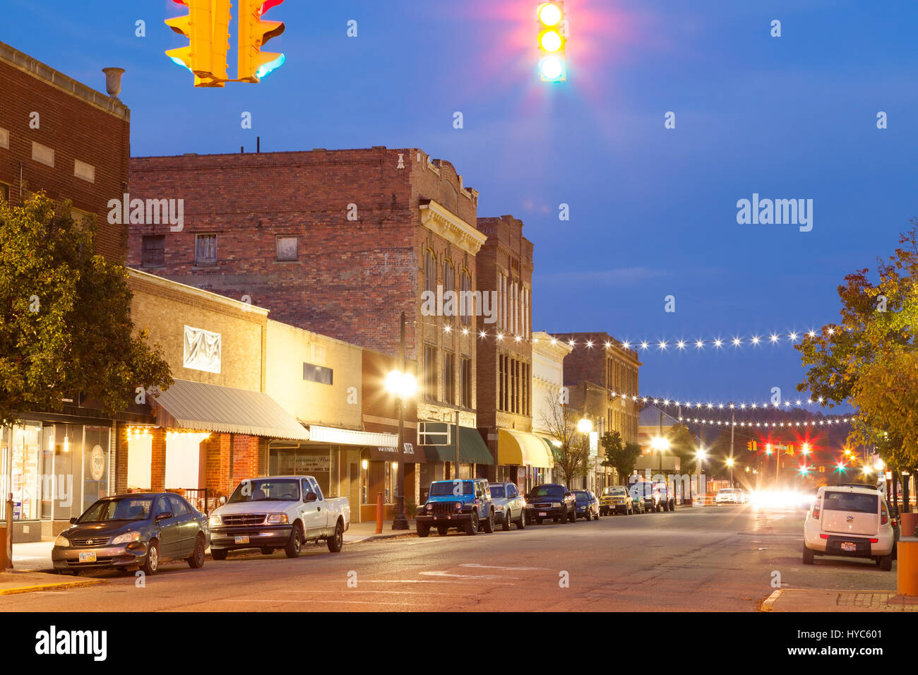 Old buildings and interesting architecture in downtown Logan along Main Street, Hocking County, Ohio, USA. Stock Photo