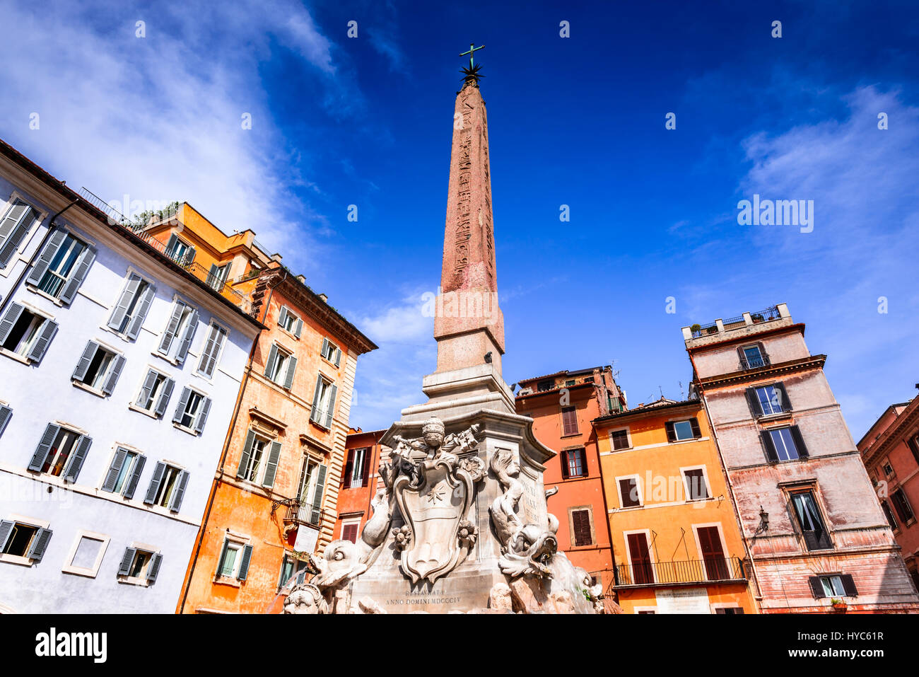 Rome, Italy. Night scene with Egyptian Obelisk in Rotonda Square, heart of Italian capital city. Stock Photo