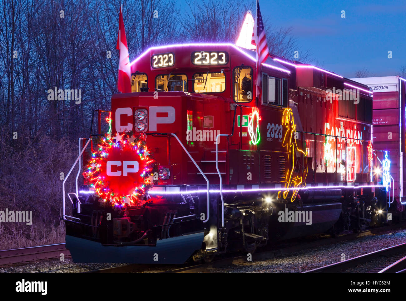 The Canadian Pacific Holiday train at dusk in Oshawa, Ontario, Canada. Stock Photo