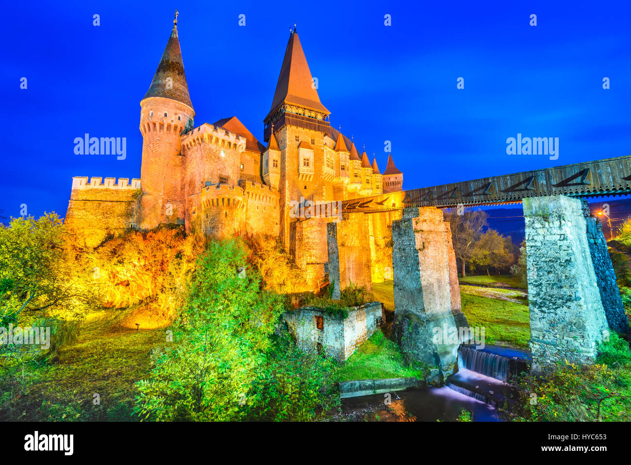 Beautiful panorama of the Corvin Castle with wooden bridge, Hunedoara, Transylvania, Romania, Europe. Stock Photo