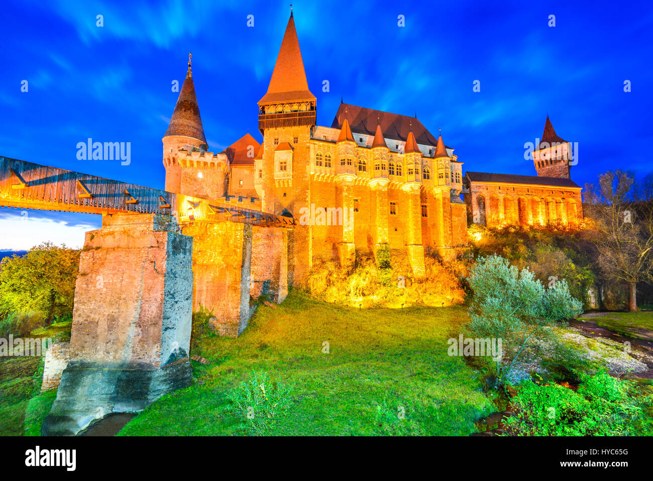 Beautiful panorama of the Corvin Castle with wooden bridge, Hunedoara, Transylvania, Romania, Europe. Stock Photo