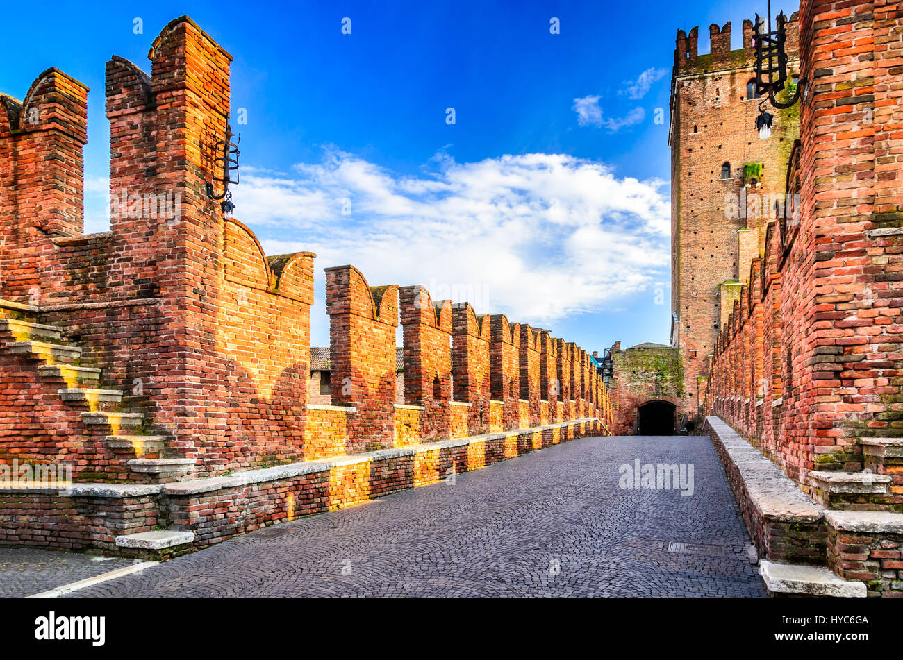 Verona, Italy. Detail of medieval stone bridge of Ponte Scaligero, over Adige River, built in 14th century near Castelvecchio. Stock Photo