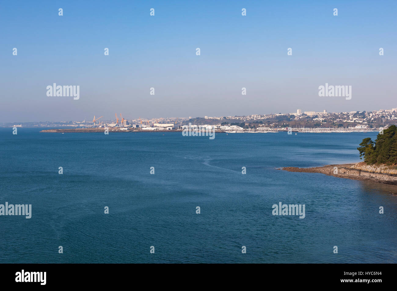 Panoramic view .Mouth of the river Elorn, the roadstead of Brest and the port facilities of Brest seen from the Albert Loupe bridge. Brest, Brittany, Stock Photo