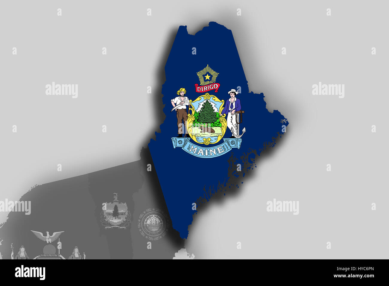 Illustration of the State of Maine silhouette map and flag. Its a JPG