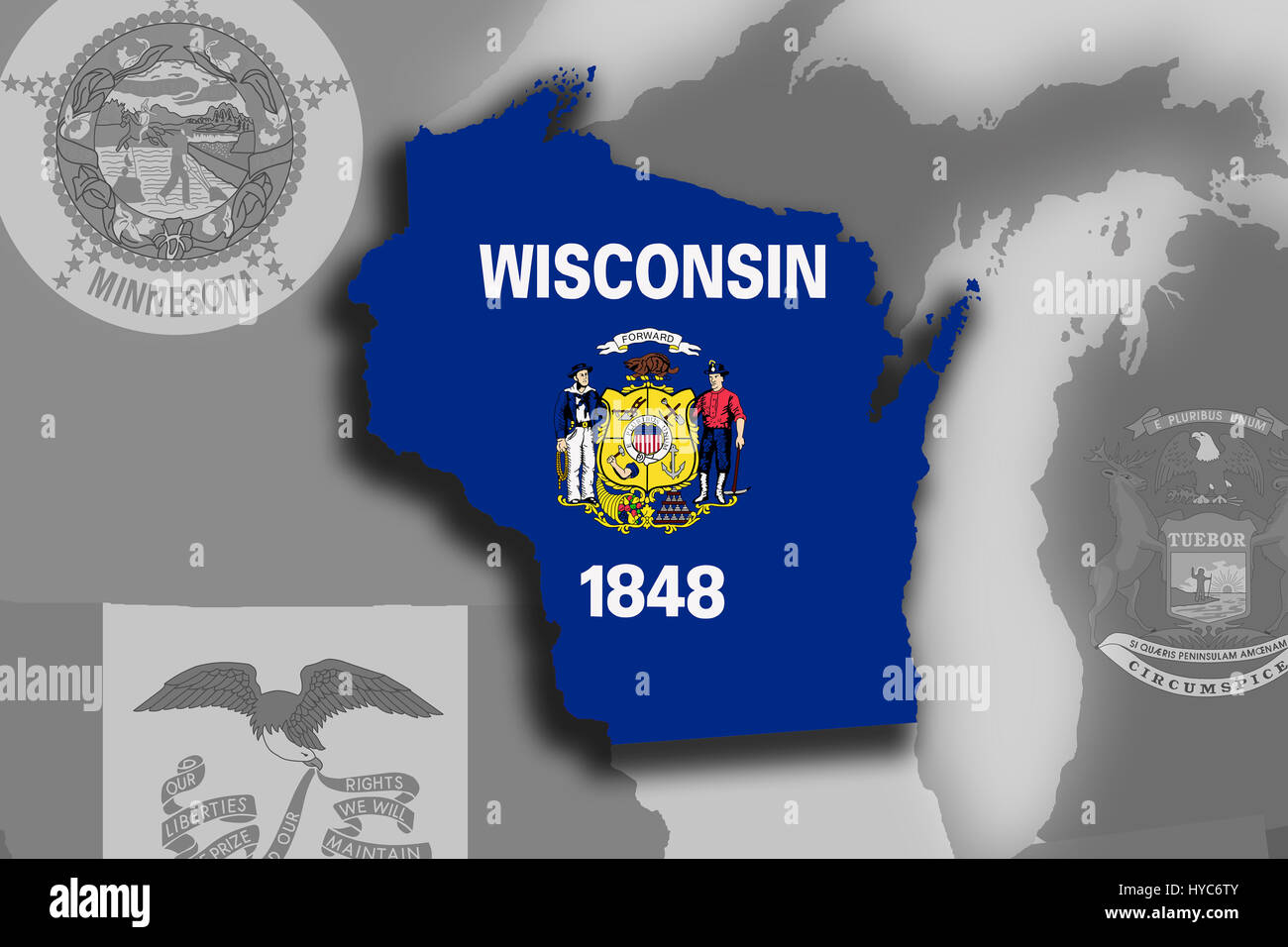 Illustration of the State of Wisconsin silhouette map and flag. Its a ...