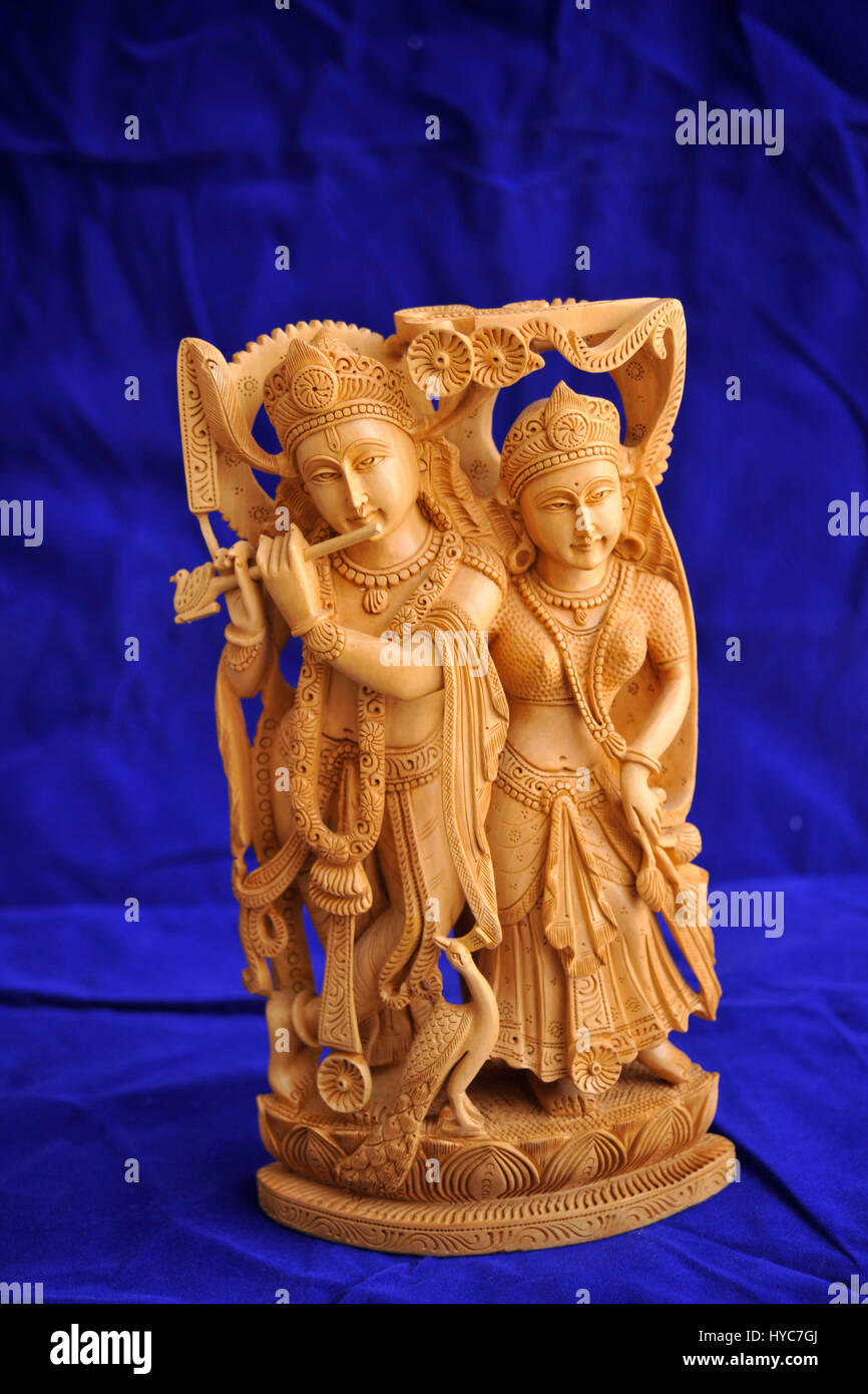 sandalwood carved radha krishna statue, jaipur, rajasthan, India Stock Photo