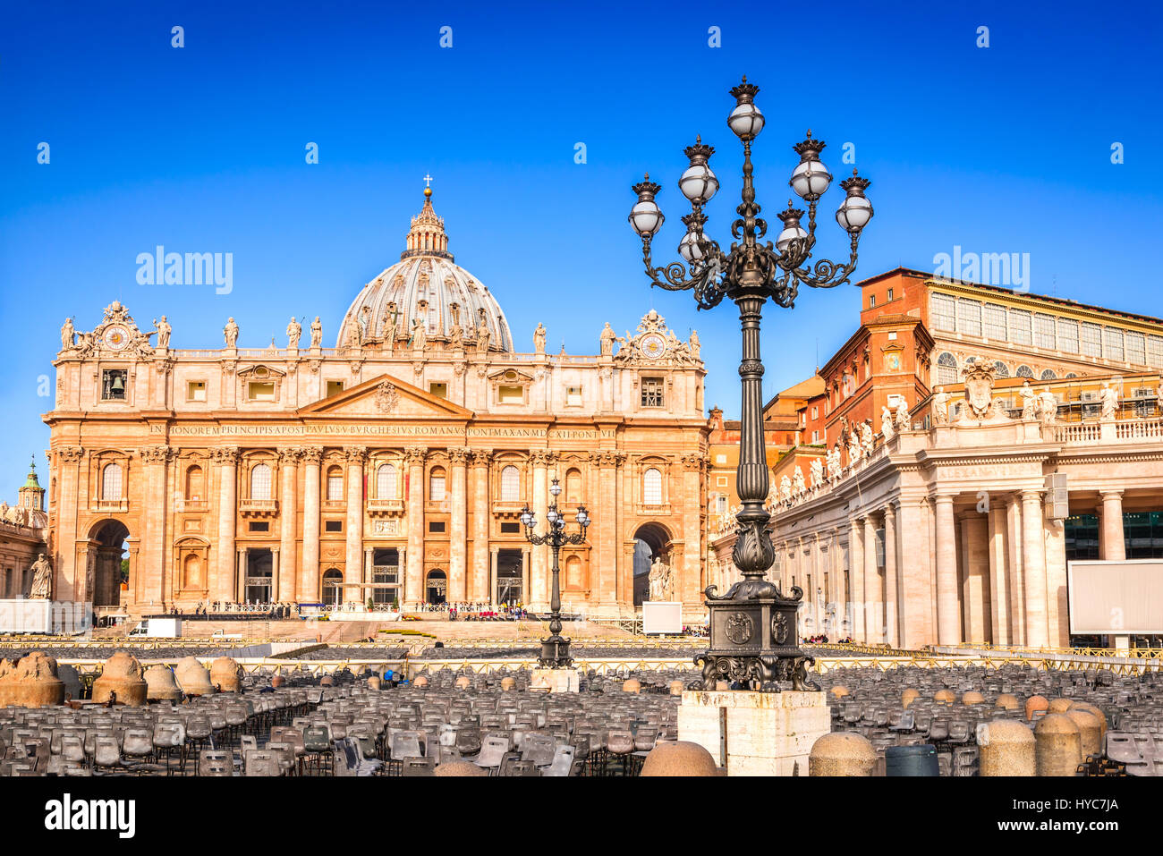 Rome, Italy. Saint Peter Square and Saint Peter Basilica in the Morning, Vatican City in Roma, Italia. Stock Photo