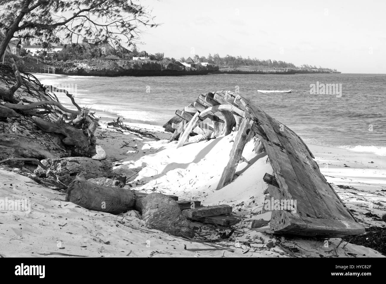 old wood boat on the beach, watamu, kenya, africa Stock Photo