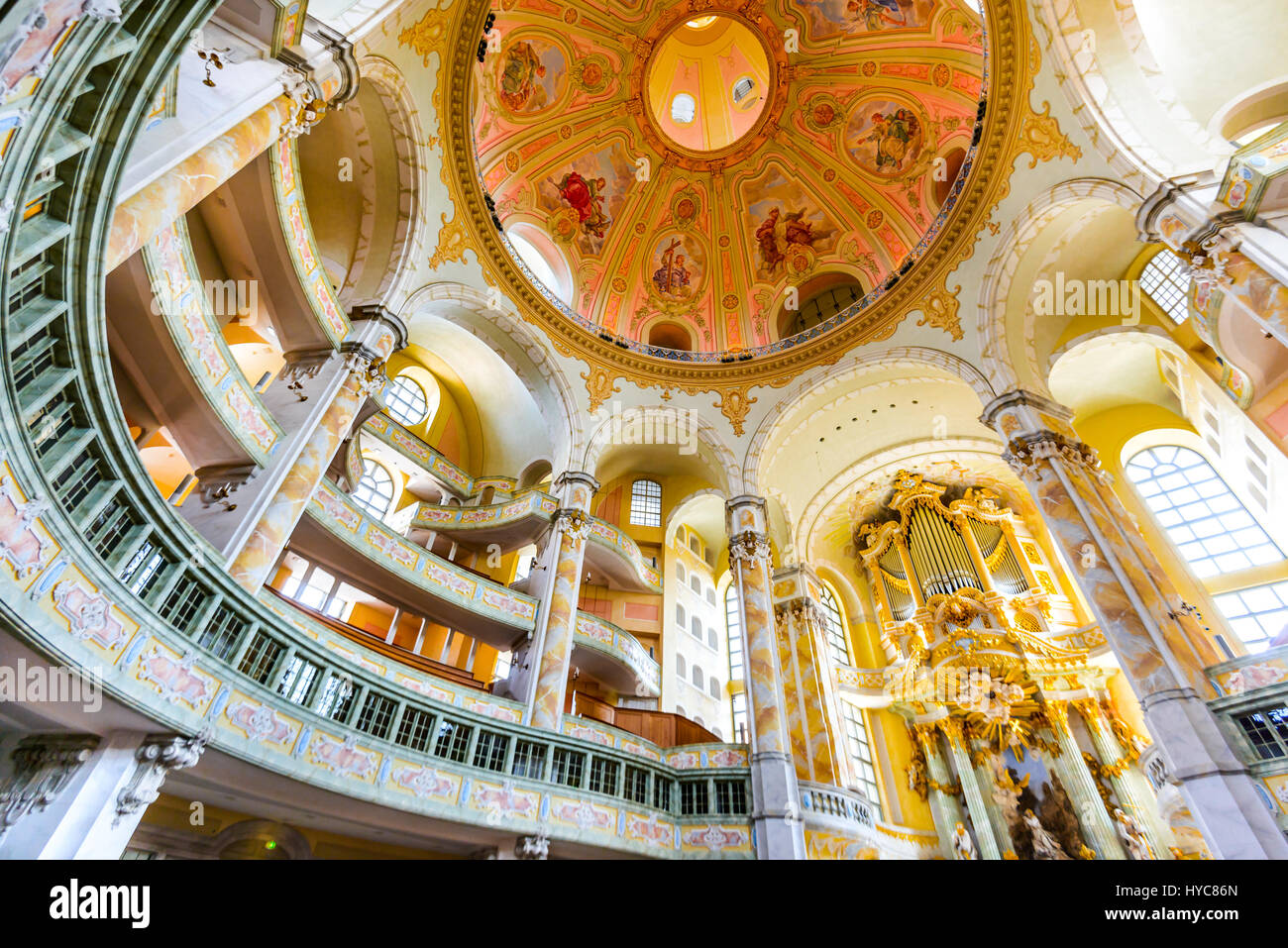 DRESDEN, GERMANY - 9 AUGUST 2015: Dresden, Germany. The interior of the Frauenkirche cathedral. Frauenkirche was completed in 1743 and is one of the m Stock Photo