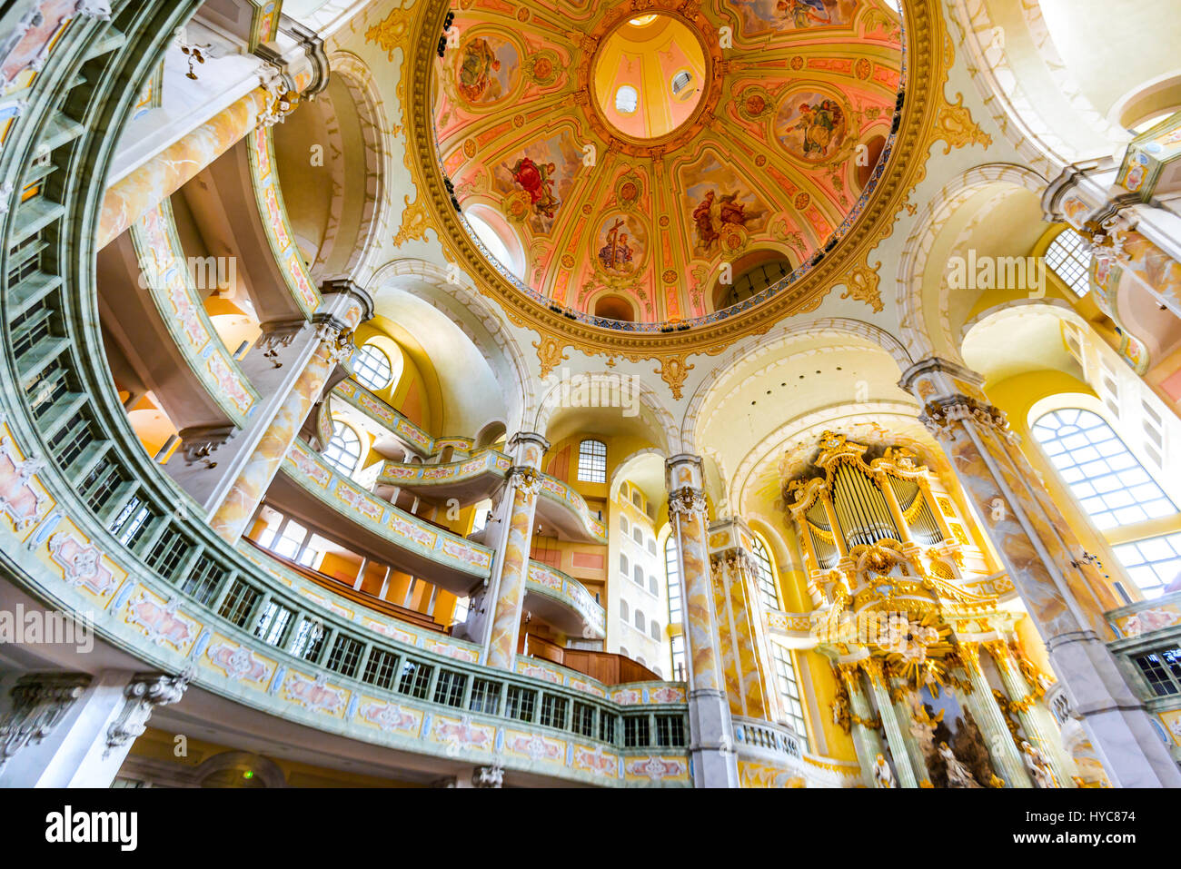 DRESDEN, GERMANY - 9 AUGUST 2015: Dresden, Germany. The interior of the Frauenkirche cathedral. Frauenkirche was completed in 1743 and is one of the m Stock Photo