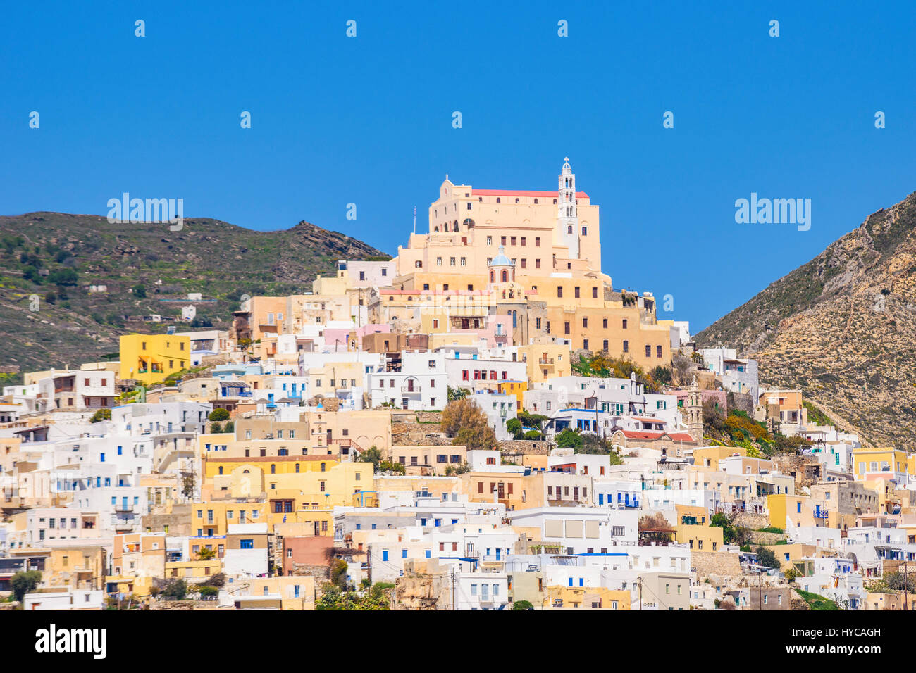 Ermoupoli - Ano Syros catholic fief Saint-Georges cathedral. It is the cathedral of the Roman Catholic Diocese located in the town of Ano Syros Stock Photo