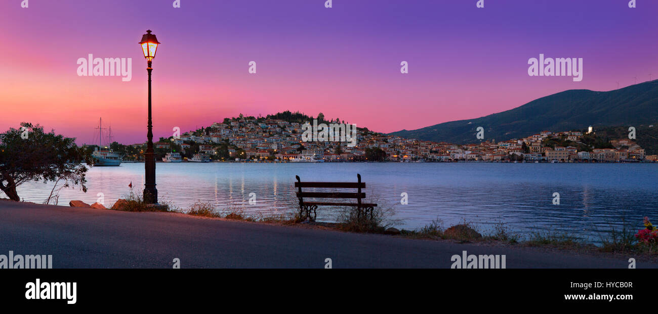 Poros town sunrise panorama in warm colours Stock Photo
