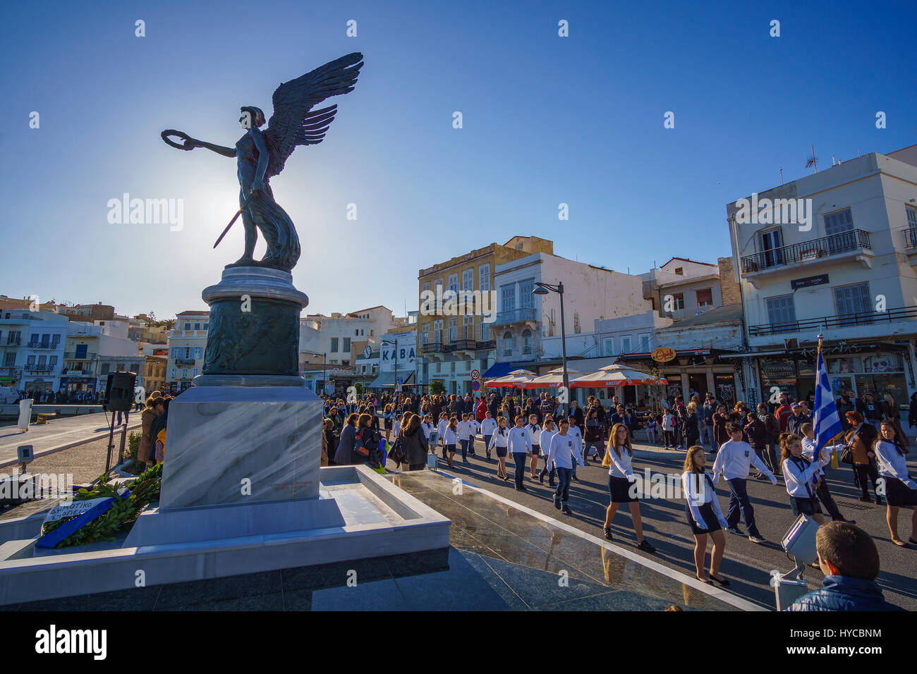 The Greek National Anniversary and a major religious holiday with school and military parades in Syros island, Cyclades - Greece Stock Photo