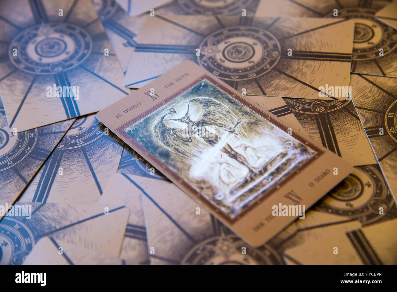 Moscow, Russia - January 29, 2017: Tarot card The Devil. Labirinth tarot deck. Esoteric background Stock Photo
