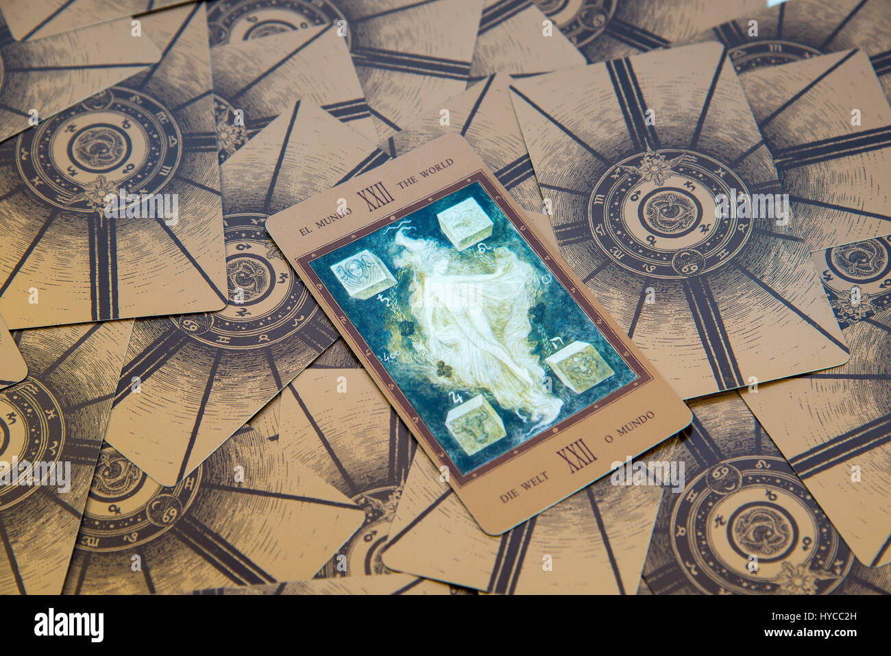 Moscow, Russia - January 29, 2017: Tarot card The World. Labirinth tarot deck. Esoteric background Stock Photo