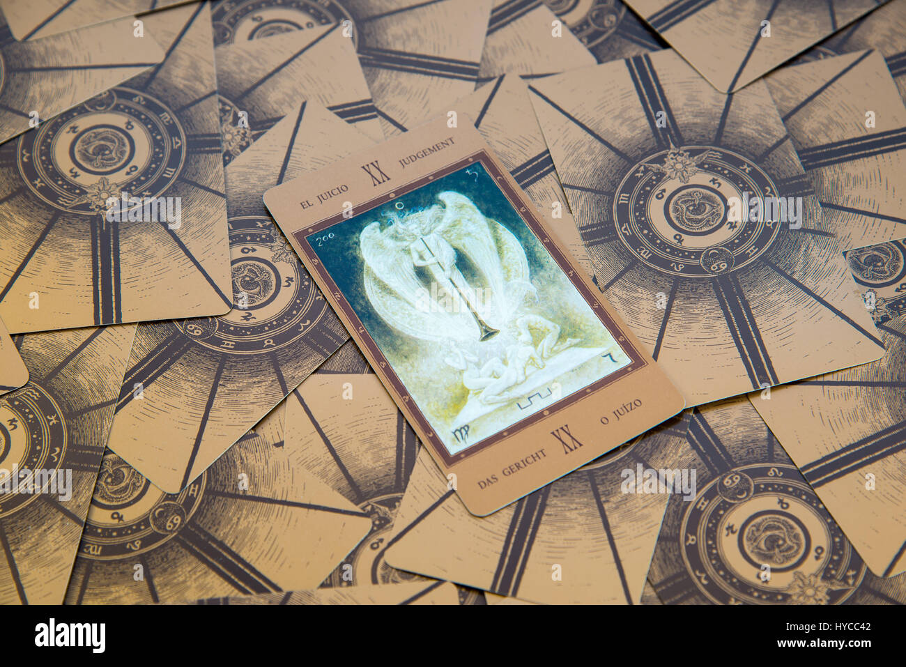 Moscow, Russia - January 29, 2017: Tarot card Judgement. Labirinth tarot deck. Esoteric background Stock Photo