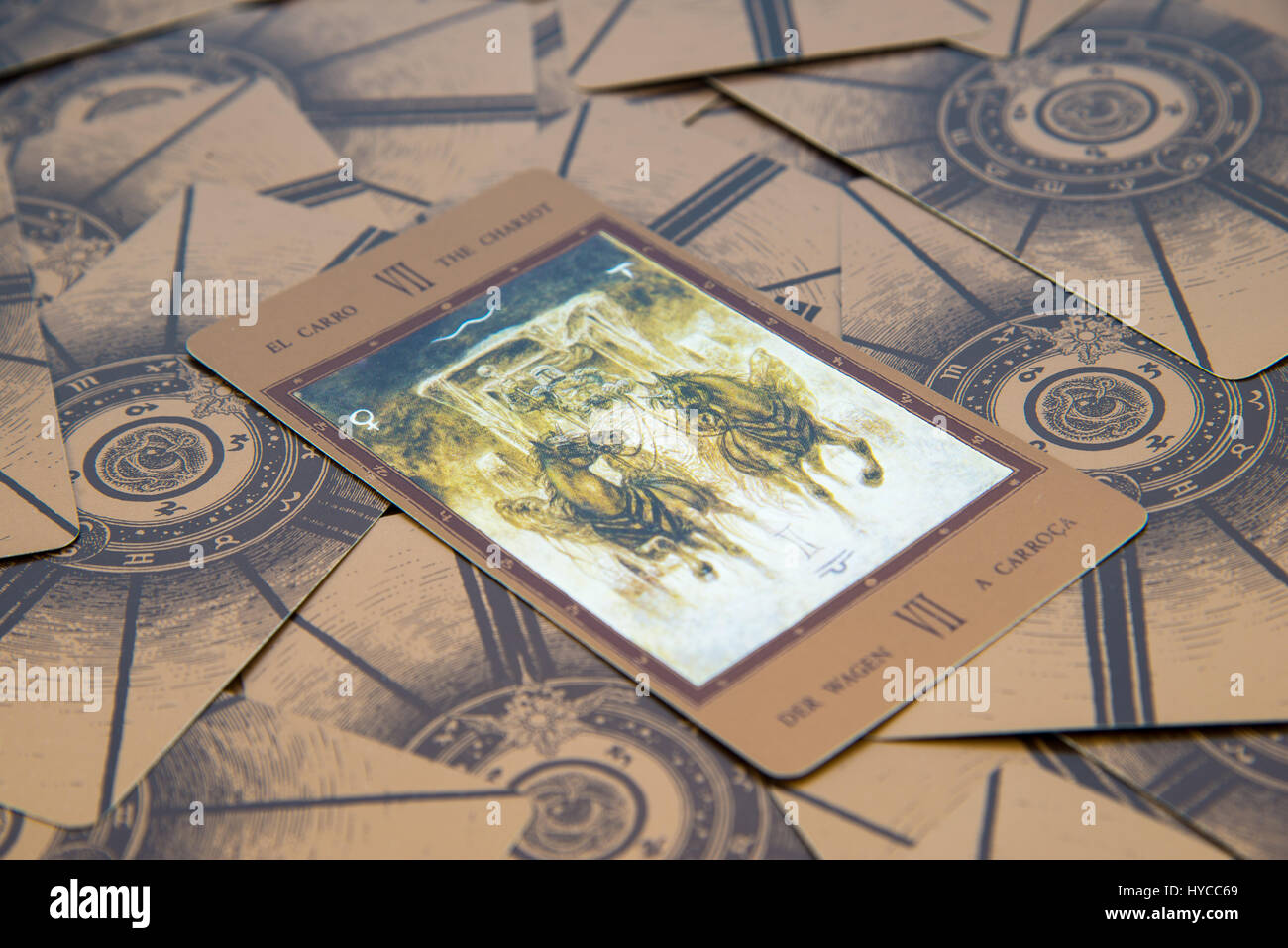 Moscow, Russia - January 29, 2017: Tarot card The Chariot. Labirinth tarot deck. Esoteric background Stock Photo